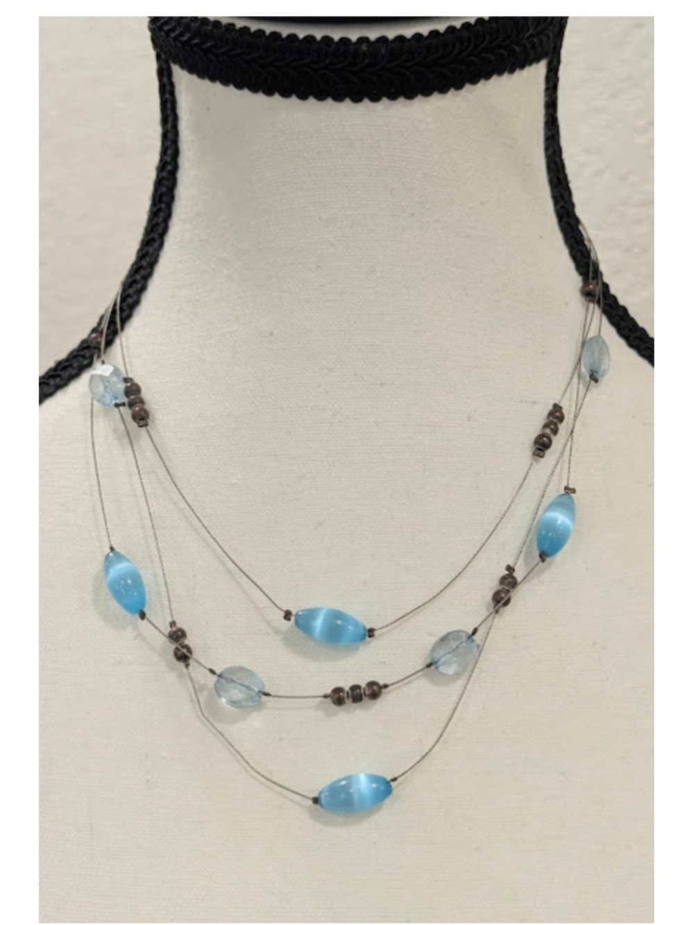 Blue Beaded Layered Necklace Multi Strand Artisan Boho Coastal Statement Jewelry